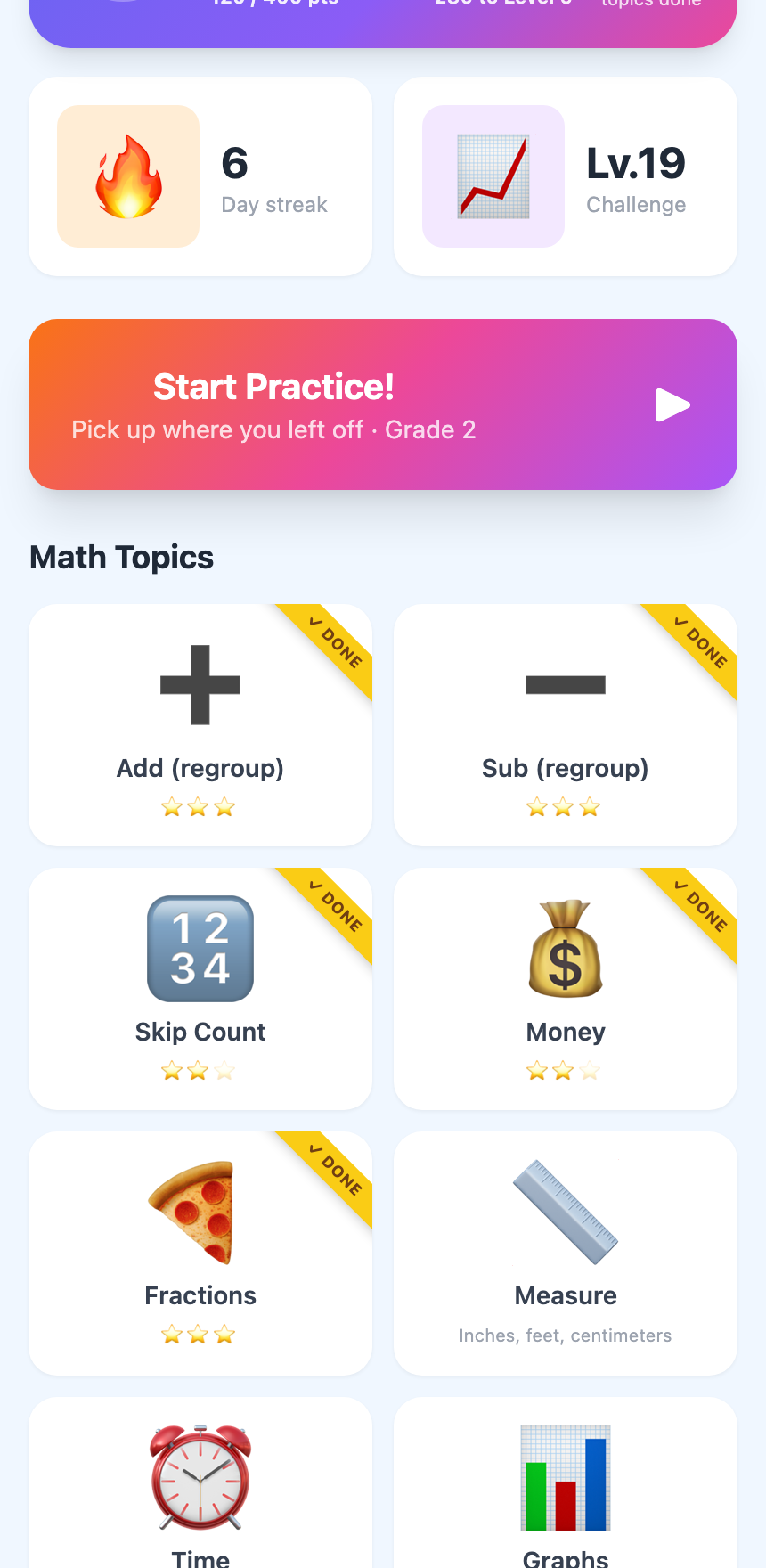 Math topics with progress